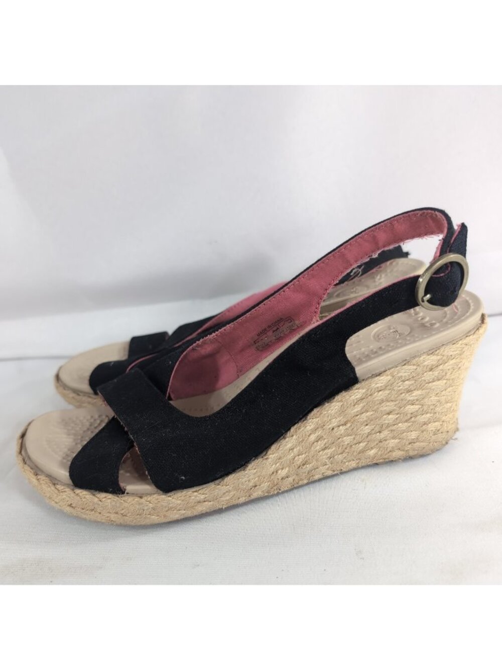 Crocs A-Leigh 12985 Women's 8 Black Tan Beige Wedge Sandals Heel Jute Espadrille